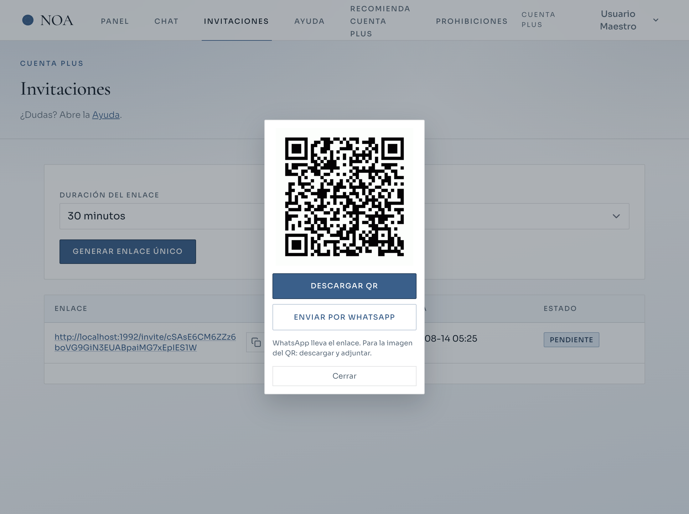Invitaciones: crear enlace y compartir por QR o WhatsApp (escritorio)