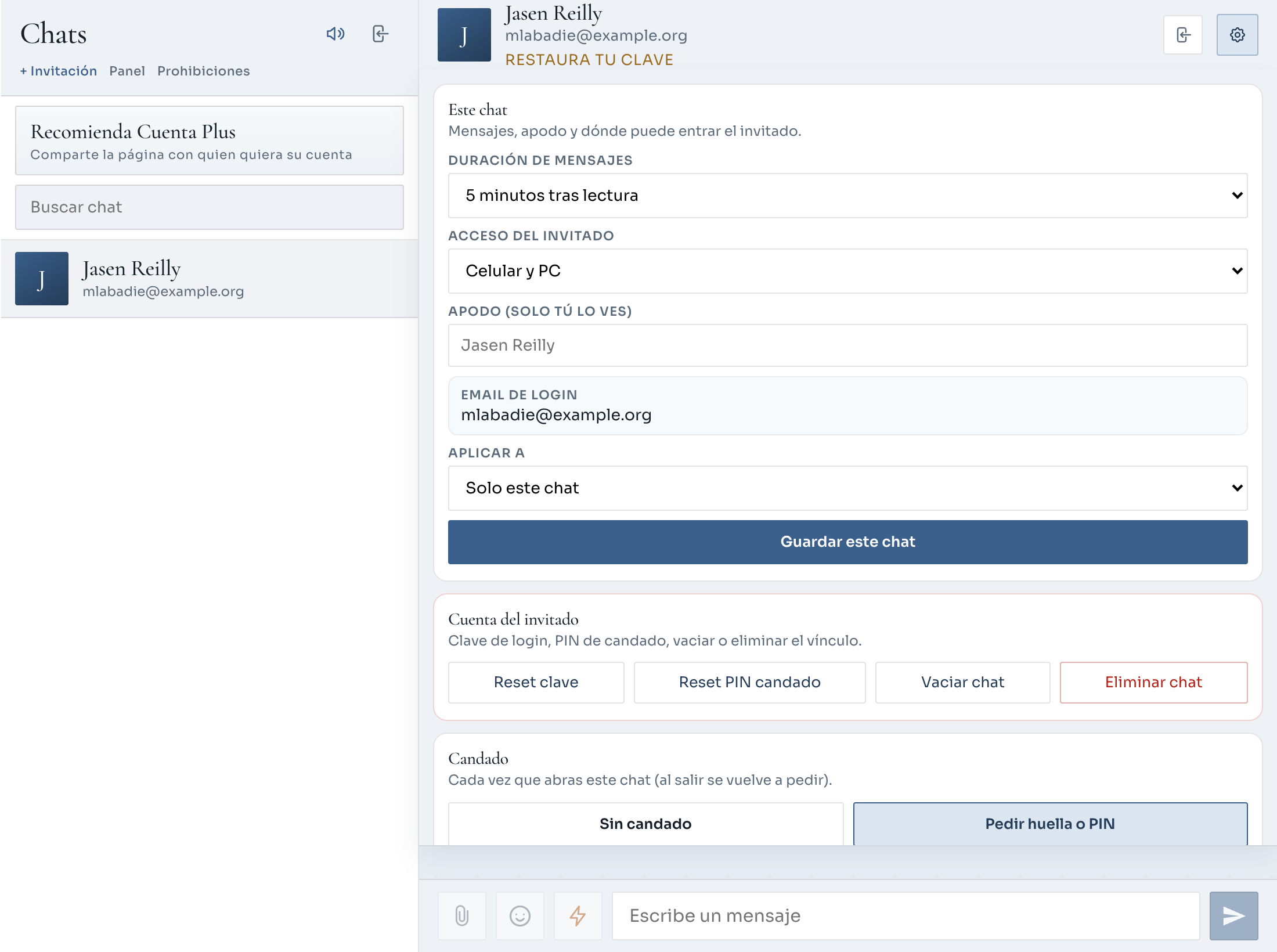 Opciones: bloque Candado y pantalla Desbloquear chat (escritorio)